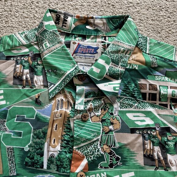 Vintage Reyn Spooner Michigan State Spartan Hawaiian Shirt Men's Sz L Green MSU - Picture 1 of 8